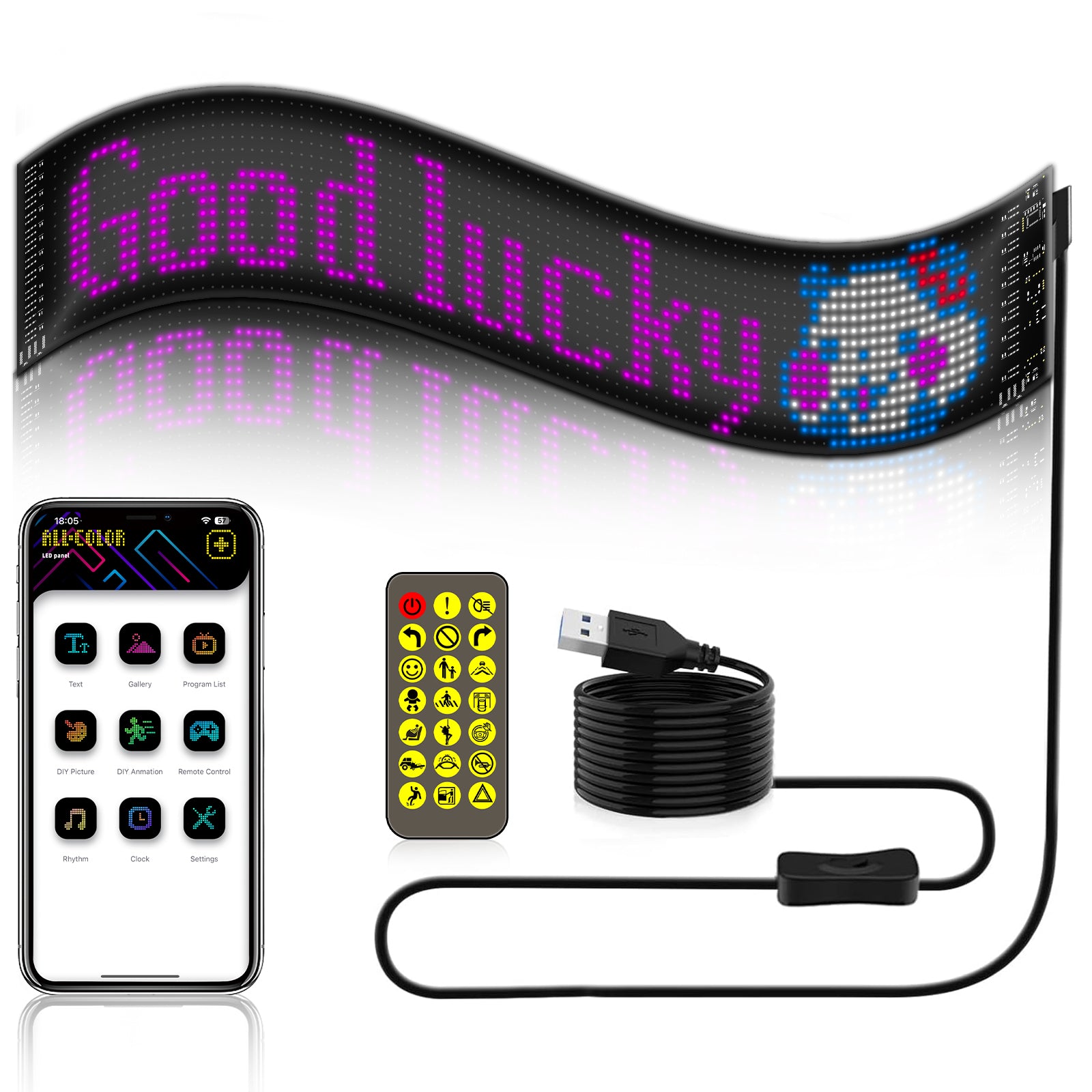 App Controlled LED Soft Screen 35" - Flexible Matrix Panel, Programmable Scrolling Text Display for Car Window, Storefront & Events